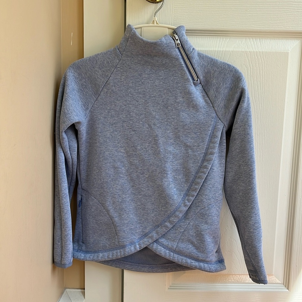 Athleta Girl Blue Karma Cozy Wrap Zip Neck Crossover Pockets Sweatshirt Sweater